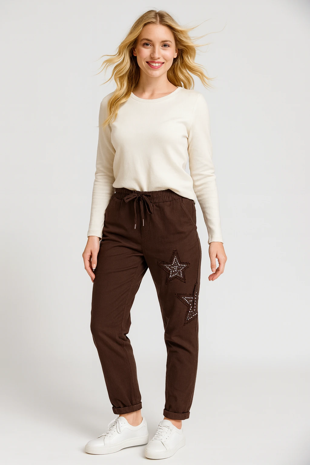 İtalyan Yıldız Detaylı Likralı Pantolon - KAHVERENGİ