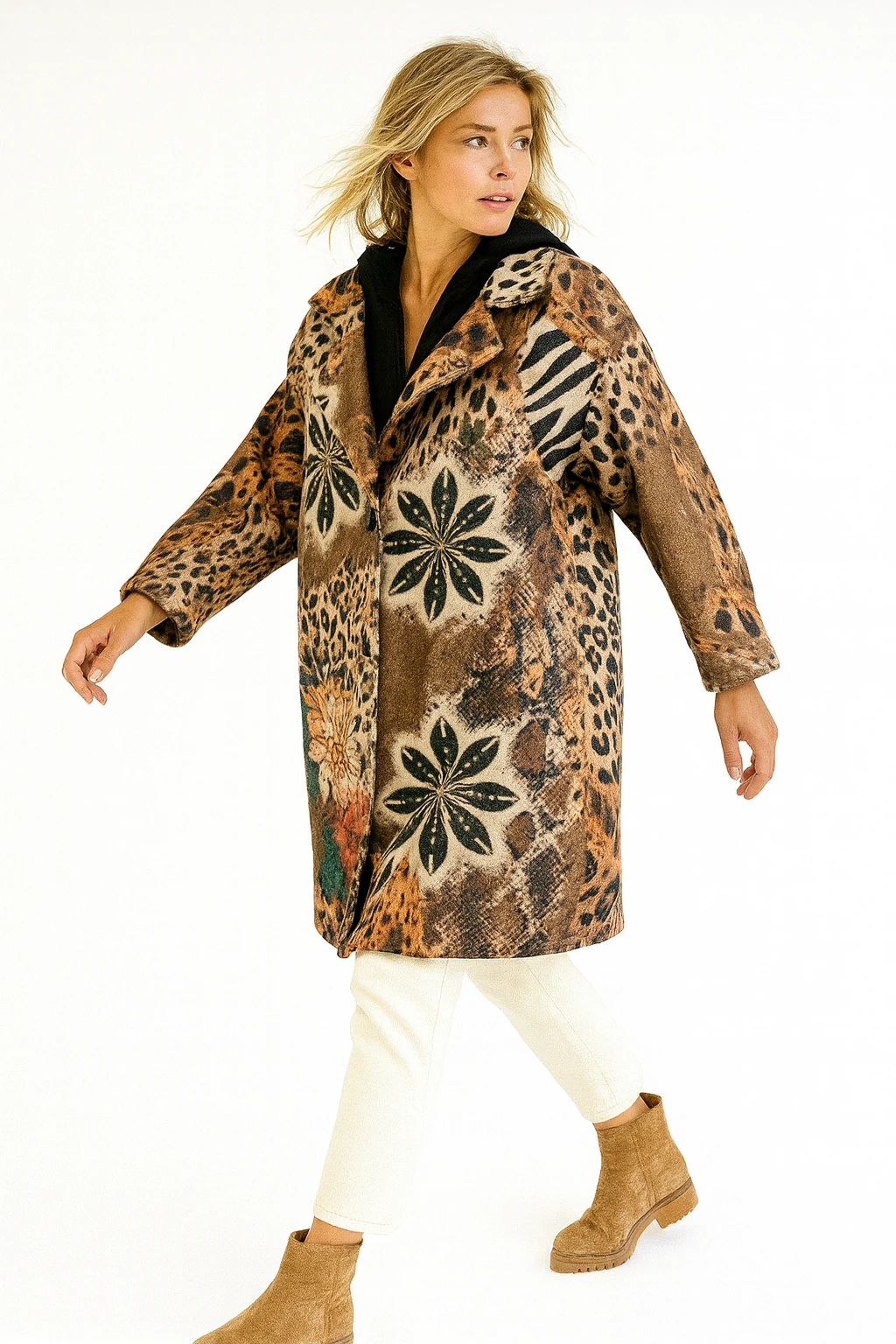 İtalyan Çiçek Desenli Kapüşonlu Keçe Kaban - KAHVE