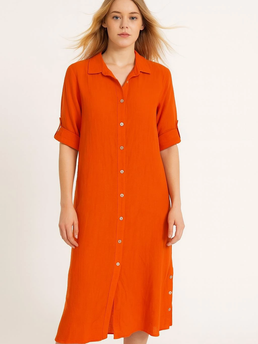 İtalyan Keten Sırtı Dantelli Elbise - TURUNCU