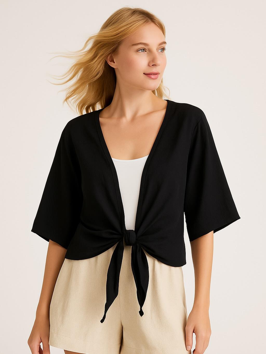İtalyan Vual Pamuklu Kumaş Önden Bağlamalı Bluz - SİYAH