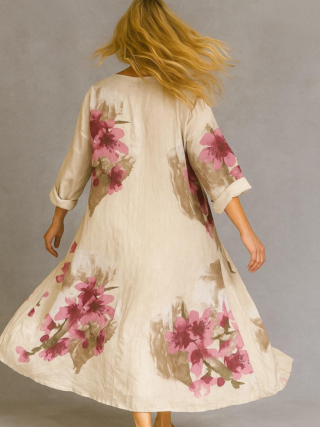 İtalyan Çiçek Desenli Keten Elbise - BEJ