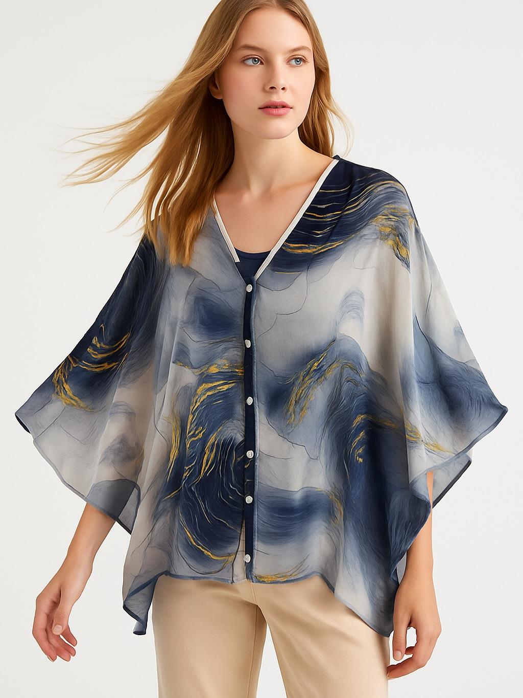 İtalyan Dalga Desen İpek Bluz - LACİVERT