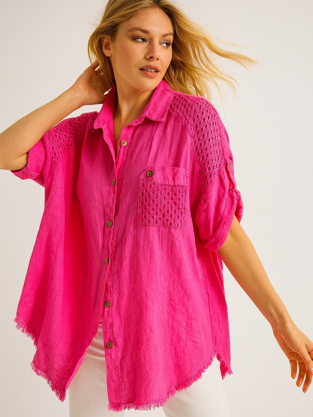 İtalyan Keten Dantel Detaylı Gömlek - FUŞYA