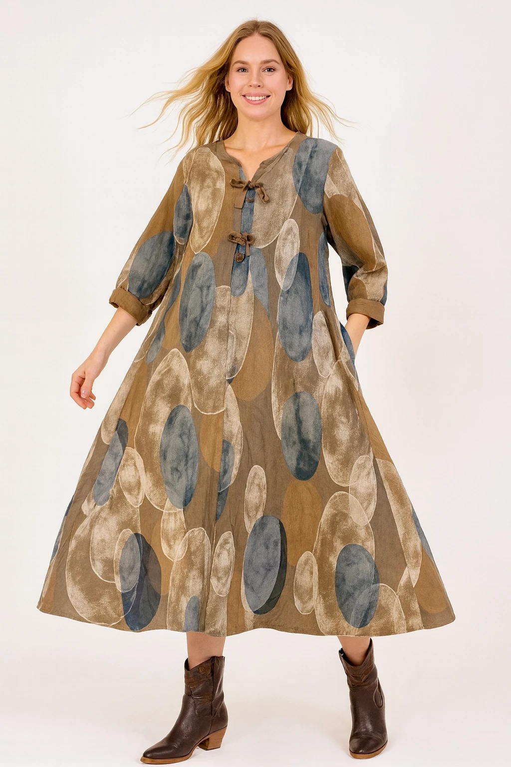 İtalyan Desenli İnce Fitilli Kadife Elbise - VİZON