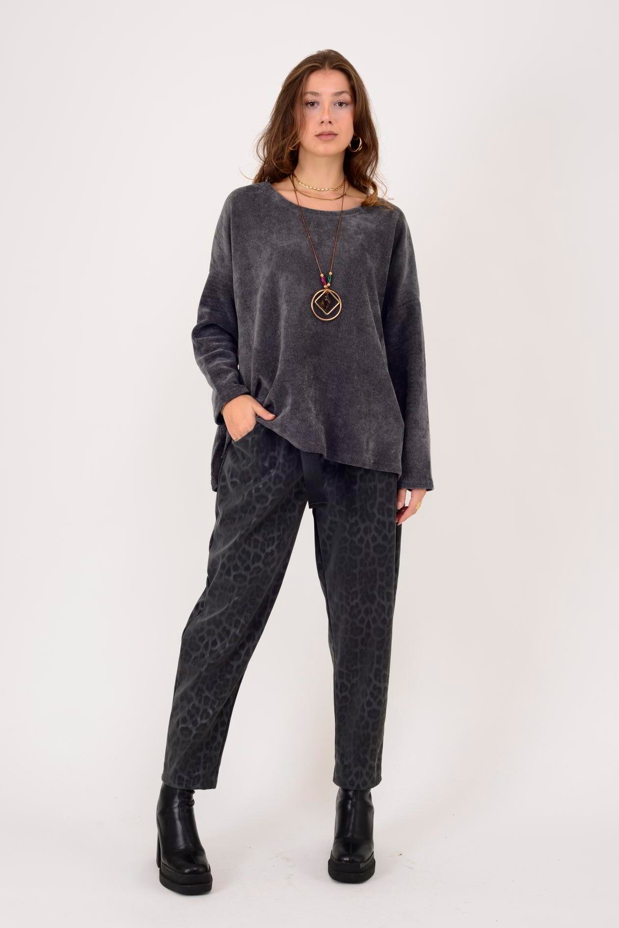 İtalyan Kemer Detaylı Leopar Desenli Pantolon - ANTRASİT