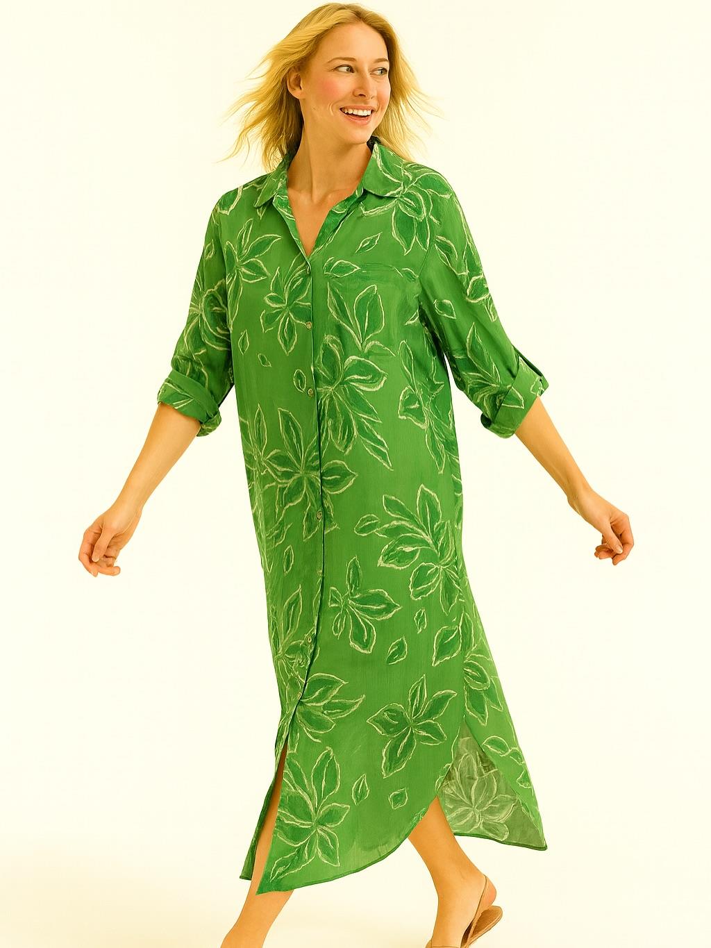 İtalyan Pamuk Yaprak Desen Elbise - YEŞİL