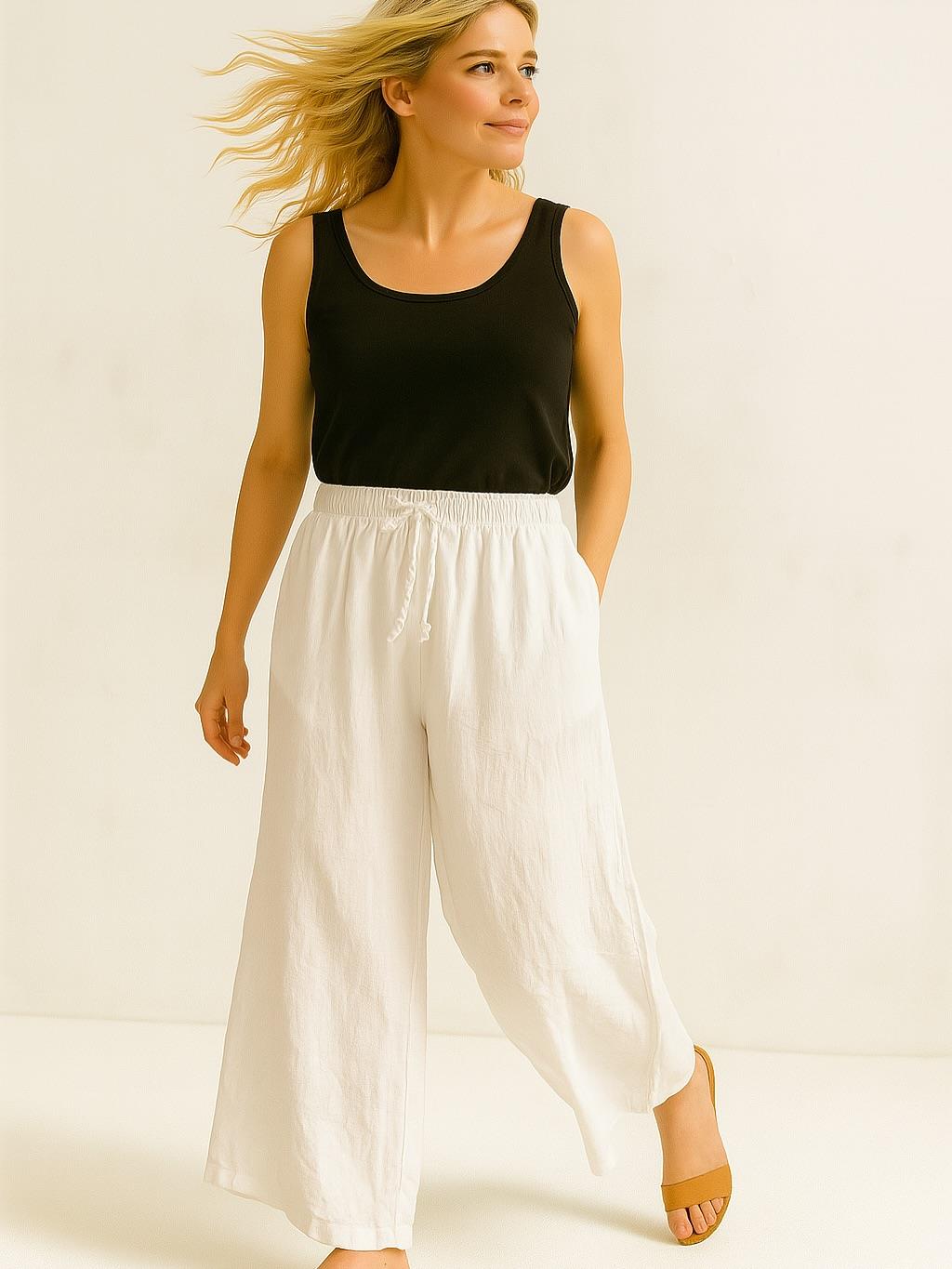 İtalyan Keten Boru Paça Pantolon - BEYAZ