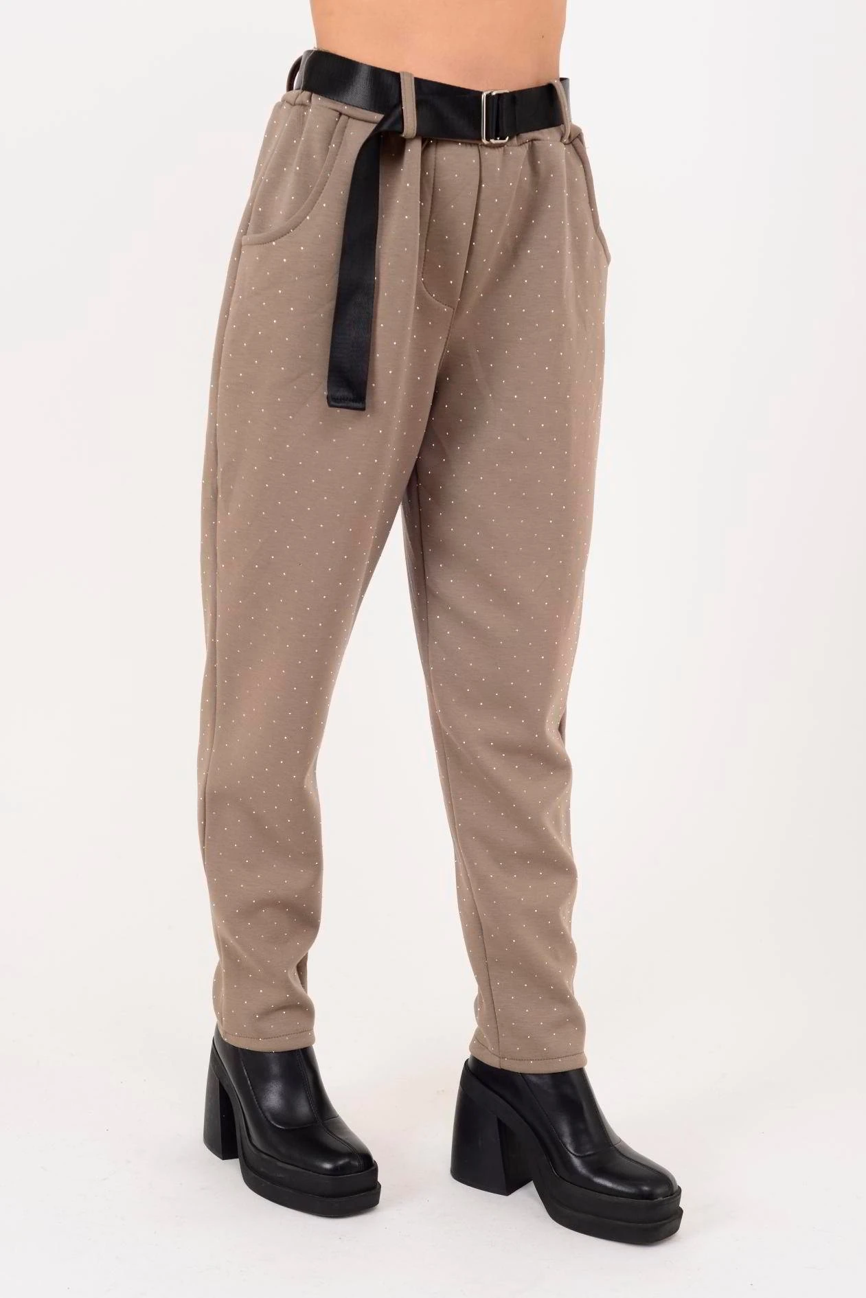 İtalyan Kemer Detaylı Taş İşlemeli Pantolon - VİZON