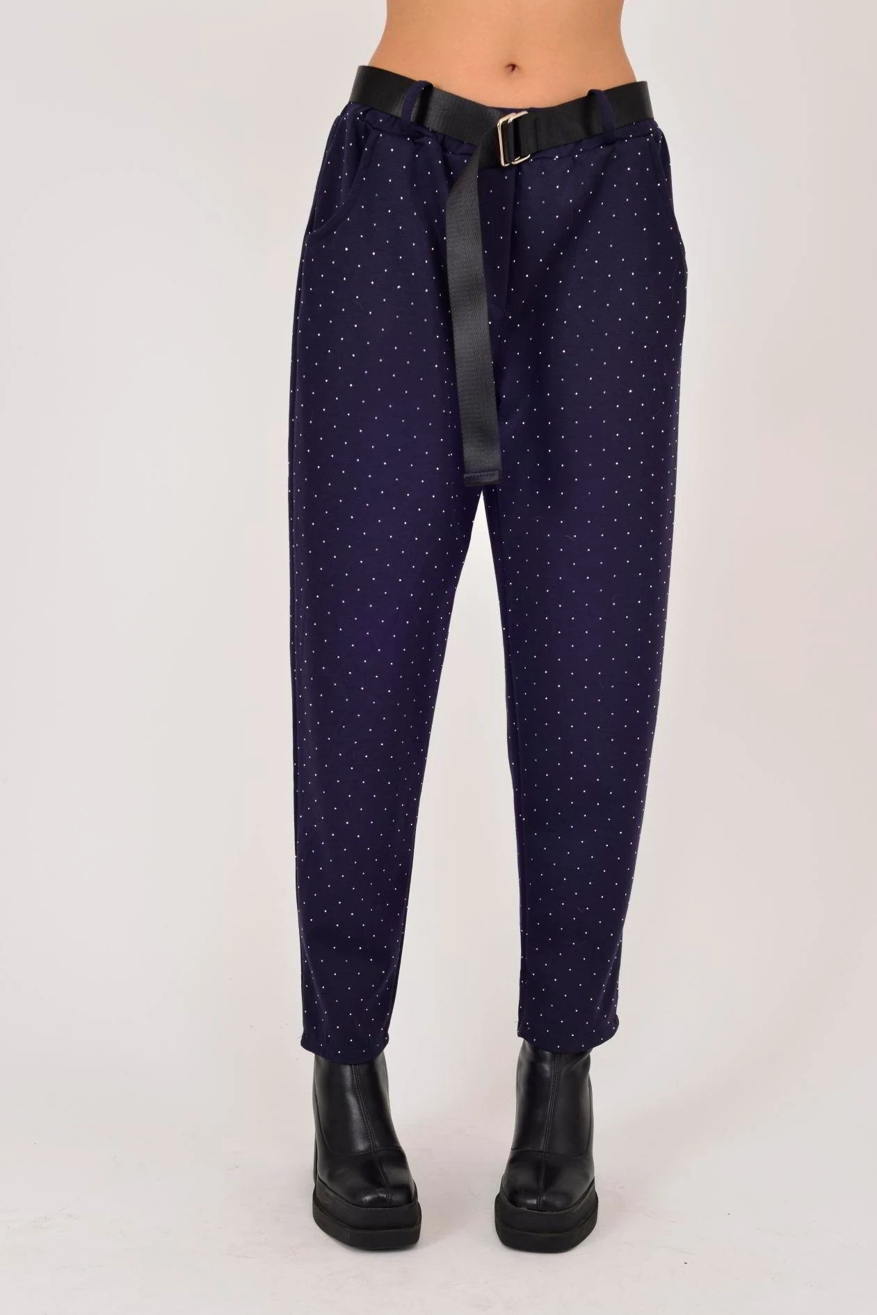 İtalyan Kemer Detaylı Taş İşlemeli Pantolon - LACİVERT