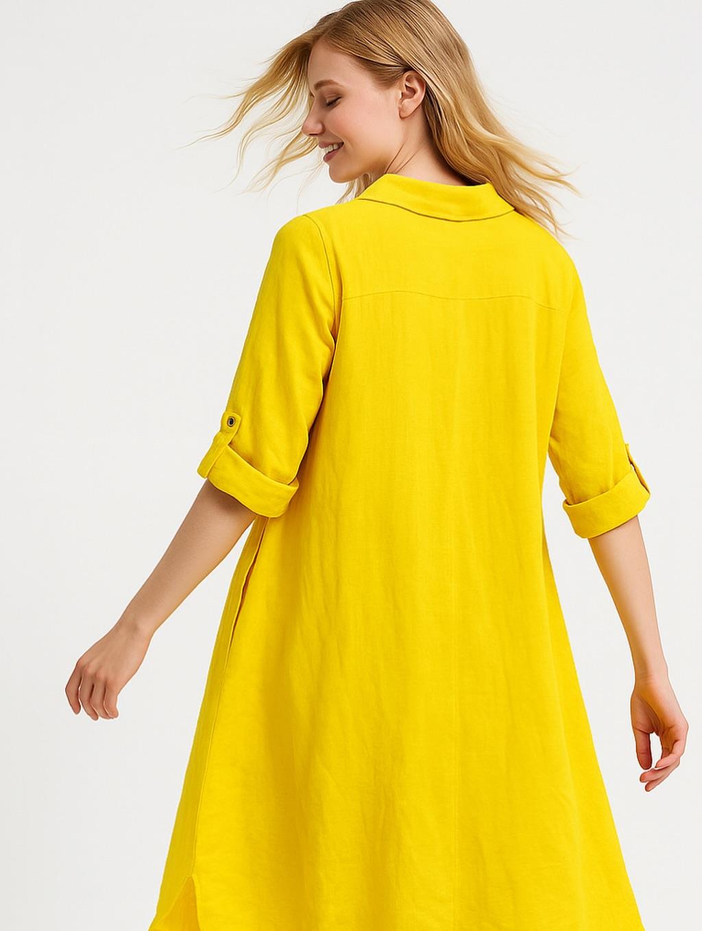 İtalyan Keten Gömlek Elbise - SARI