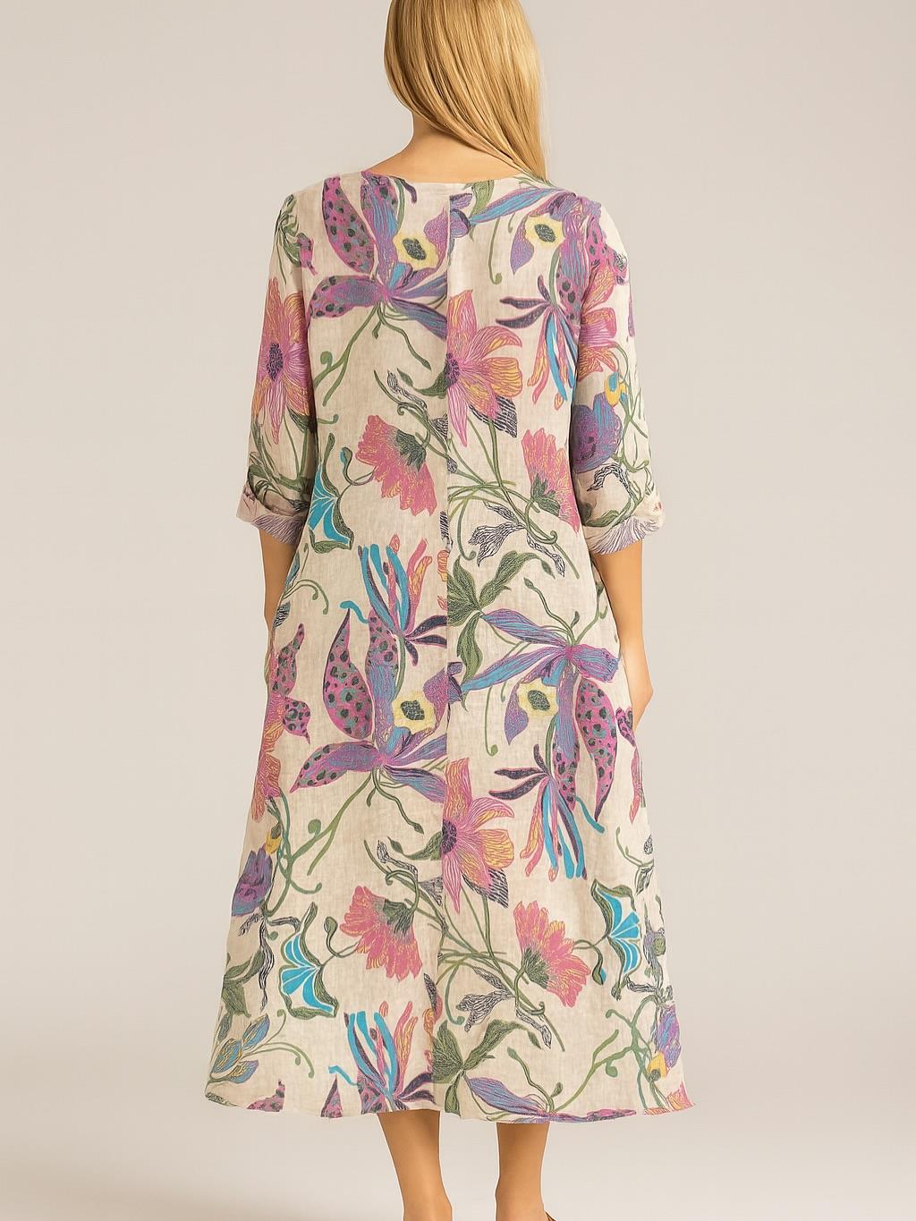 İtalyan Çiçek Desenli Keten Elbise - BEJ