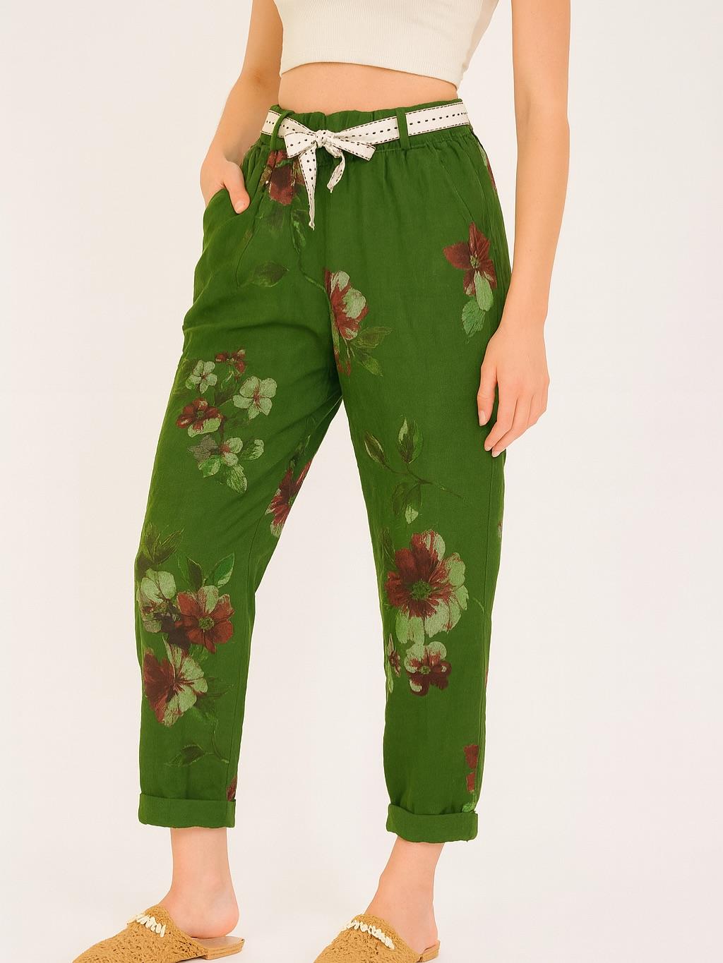 İtalyan Çiçek Desenli Havuç Keten Pantolon - YEŞİL