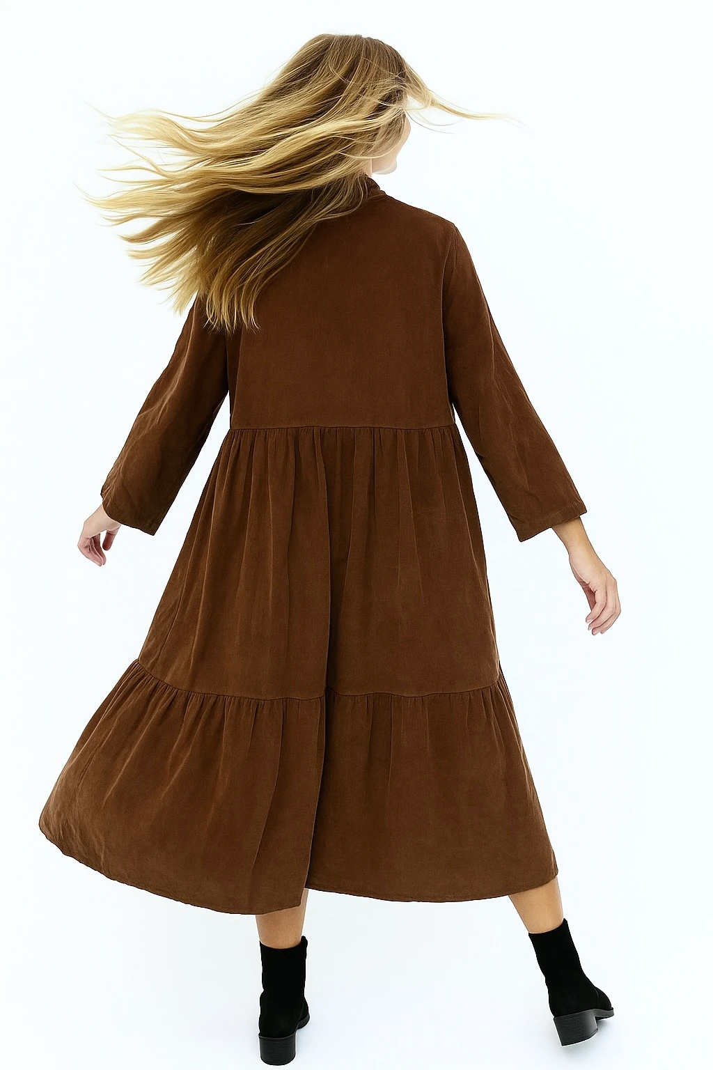 İtalyan Düğme Detaylı Kadife Elbise - KAHVE