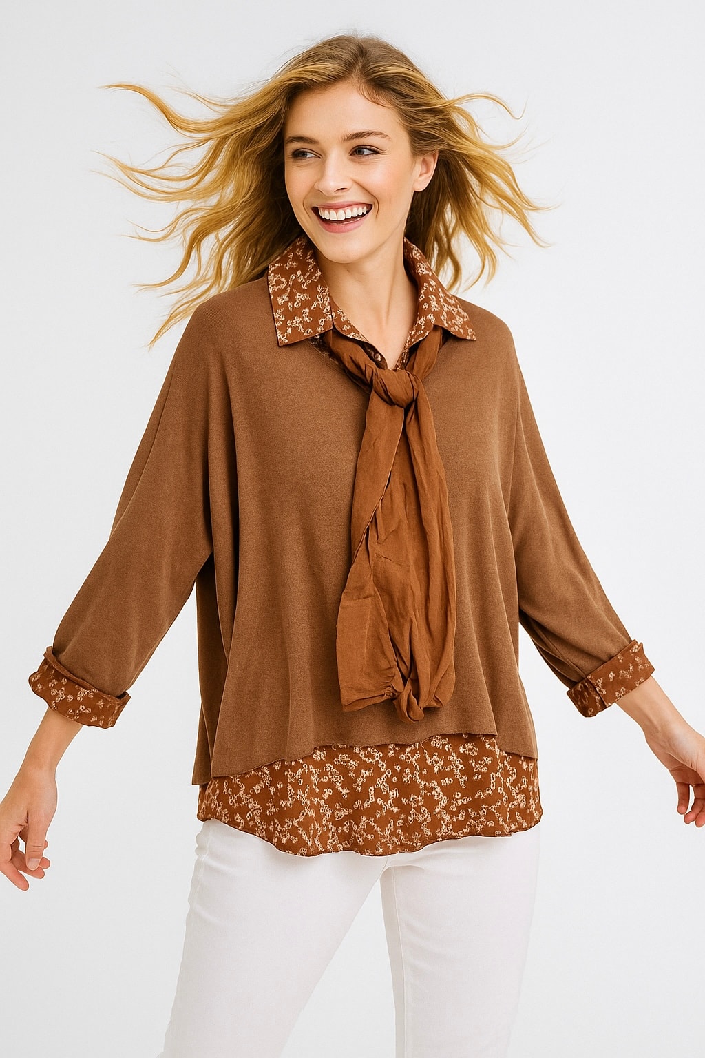 İtalyan Fularlı 3'lü Takım Bluz - TUĞLA