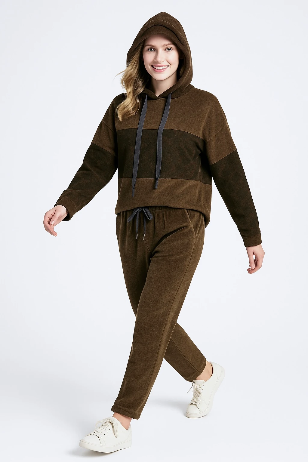 İtalyan Leopar Detaylı Kadife Takım - KAHVERENGİ