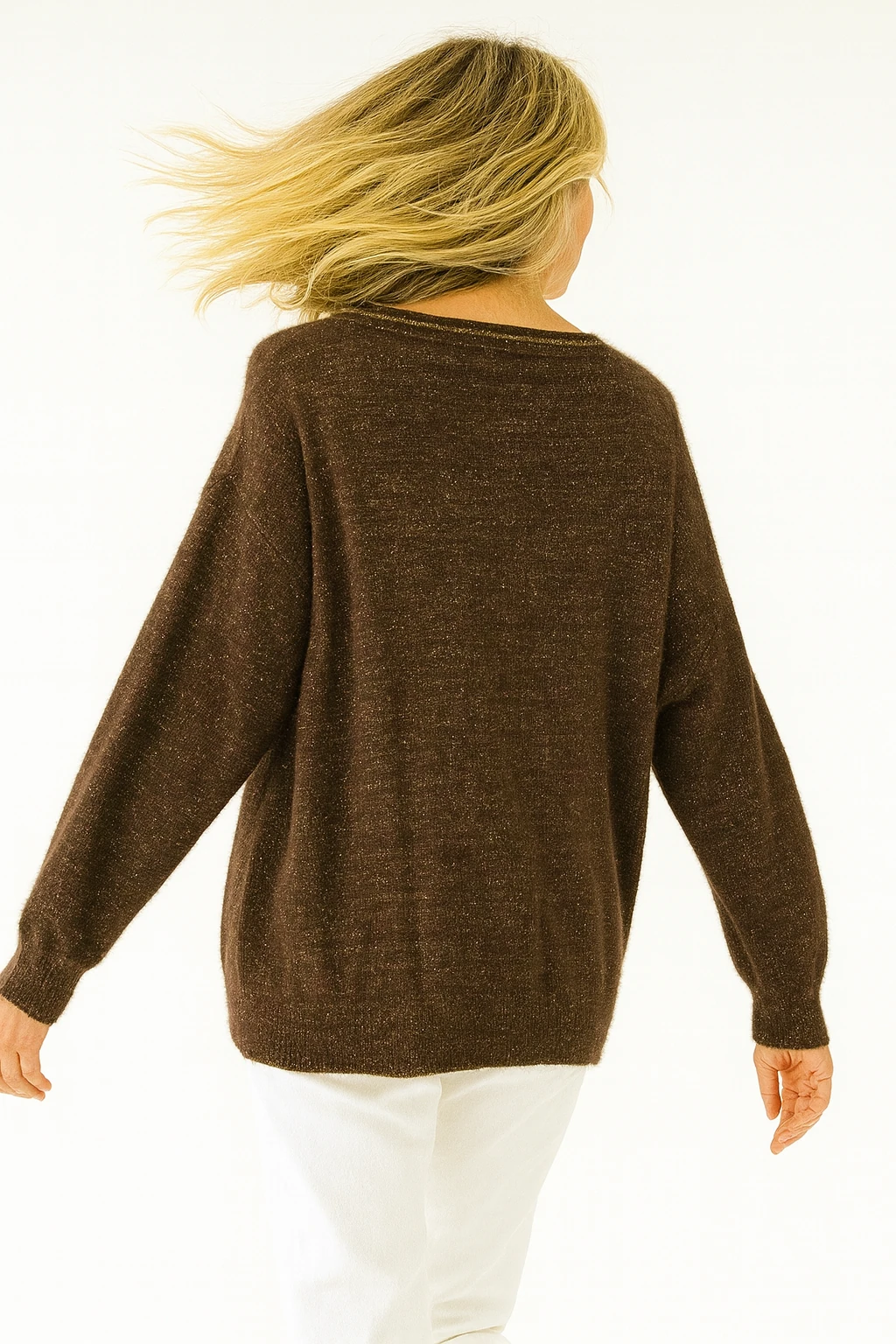 İtalyan V Yaka Simli Triko Bluz - KAHVERENGİ