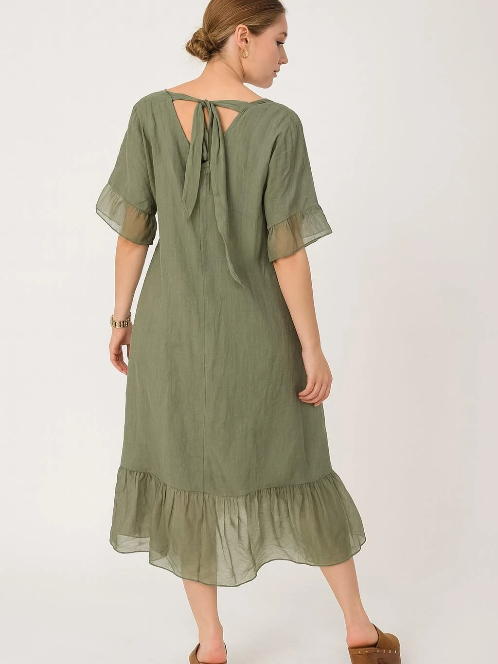 İtalyan Keten İpek Detaylı Elbise - HAKİ