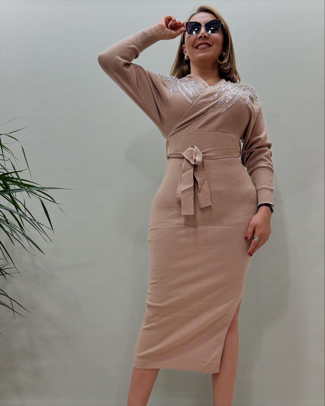 İtalyan Angora Özel Tasarım Elbise - BEJ