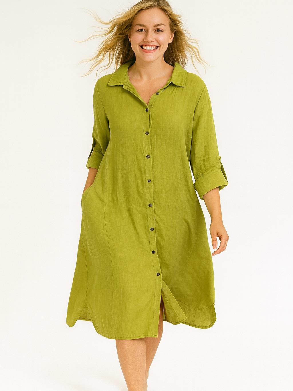 İtalyan Keten Gömlek Elbise - YAĞ YEŞİLİ