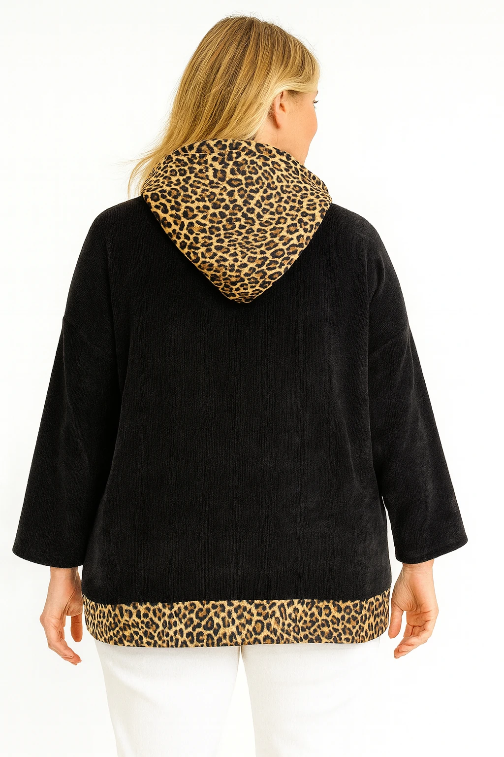 İtalyan Kalp Desenli Kapüşonlu Kadife Bluz - SİYAH