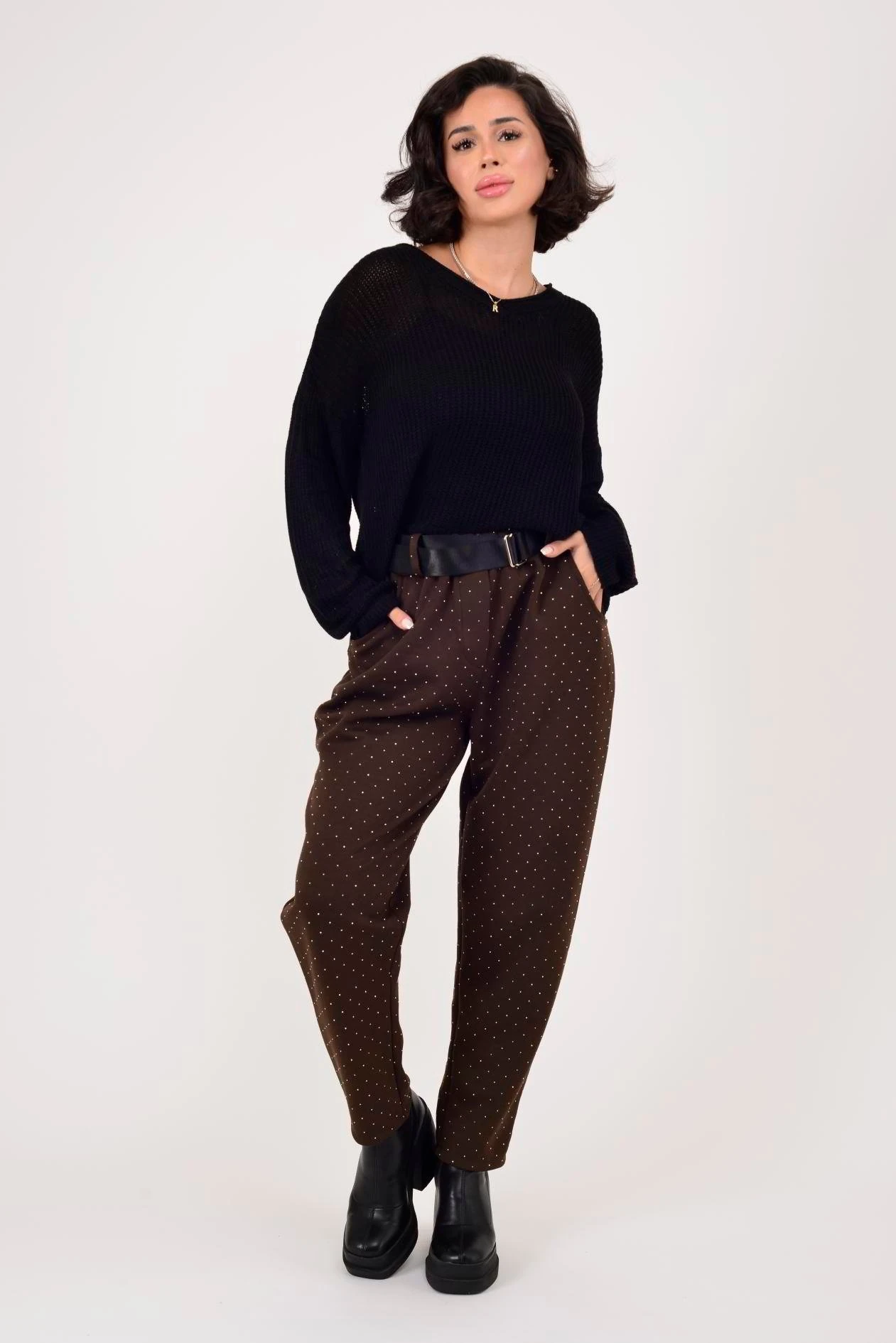 İtalyan Kemer Detaylı Taş İşlemeli Pantolon - KAHVERENGİ