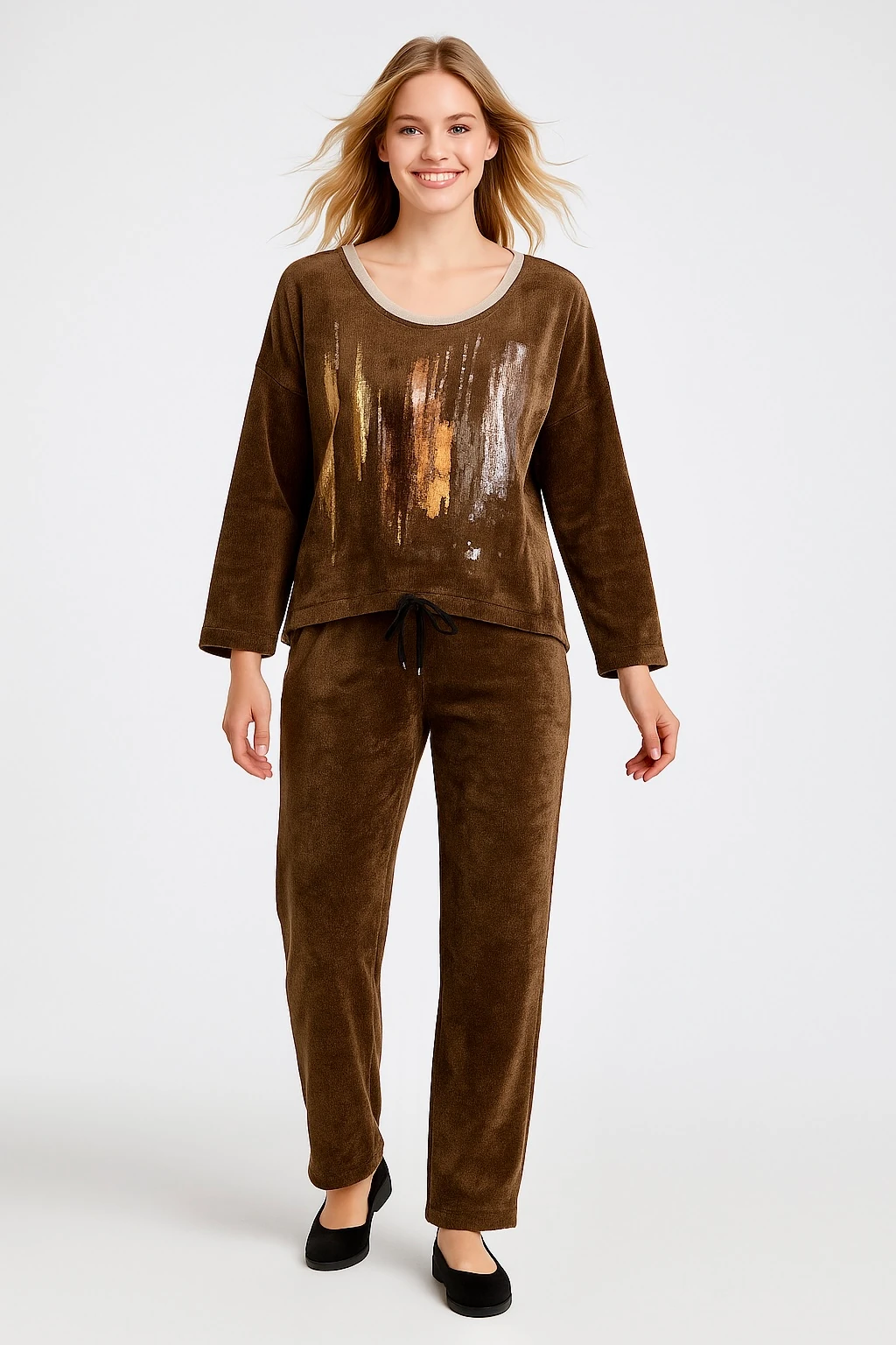 İtalyan Yuvarlak Yaka Kadife Takım - KAHVERENGİ