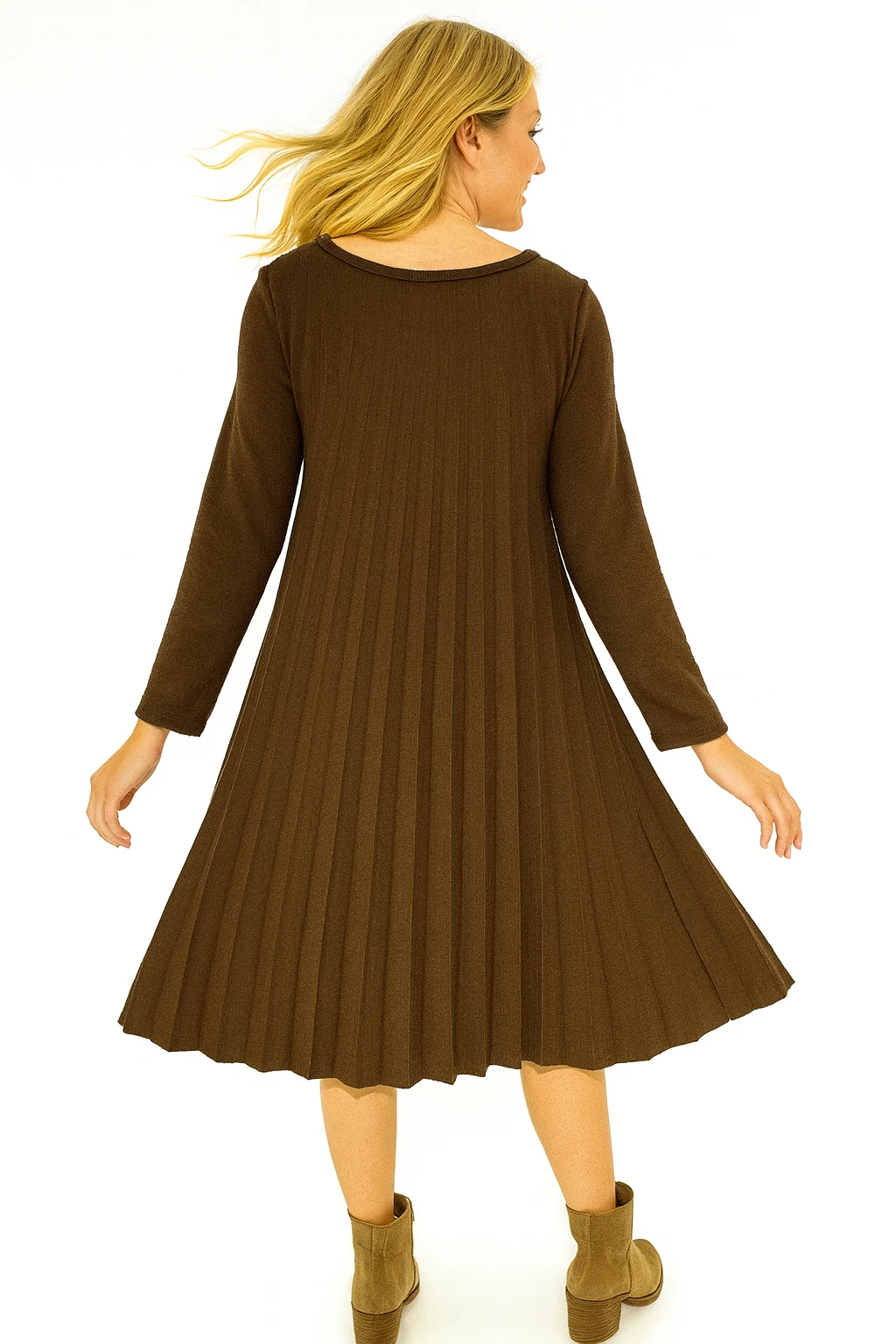 İtalyan Pileli Triko Elbise - KAHVERENGİ