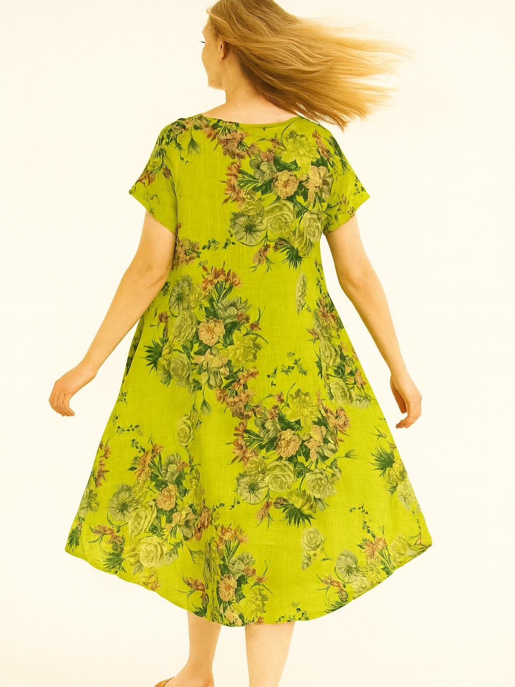 İtalyan Keten Çiçek Desen Elbise - FISTIK YEŞİLİ