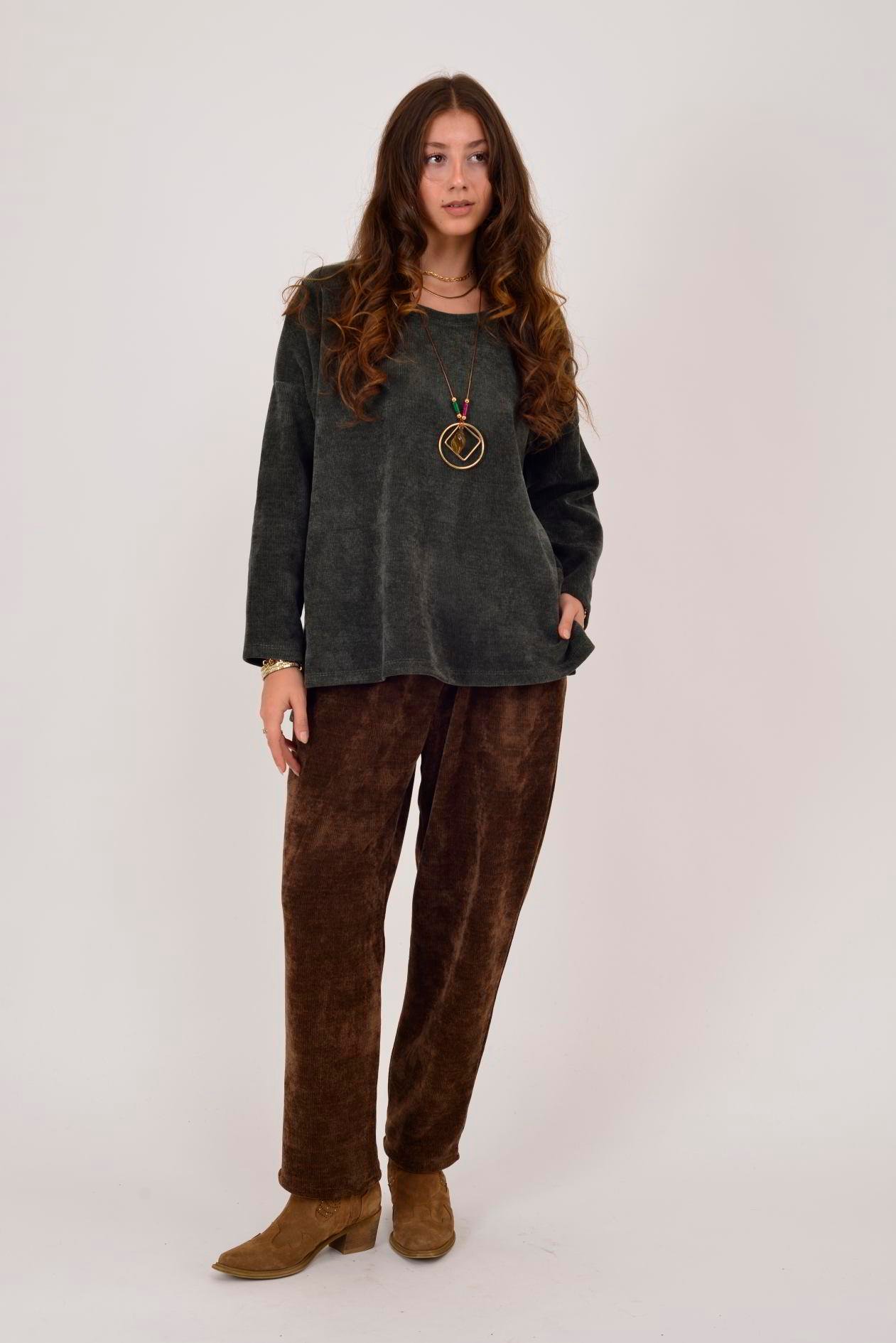 İtalyan Cep Detaylı Fitilli Kadife Pantolon - KAHVERENGİ