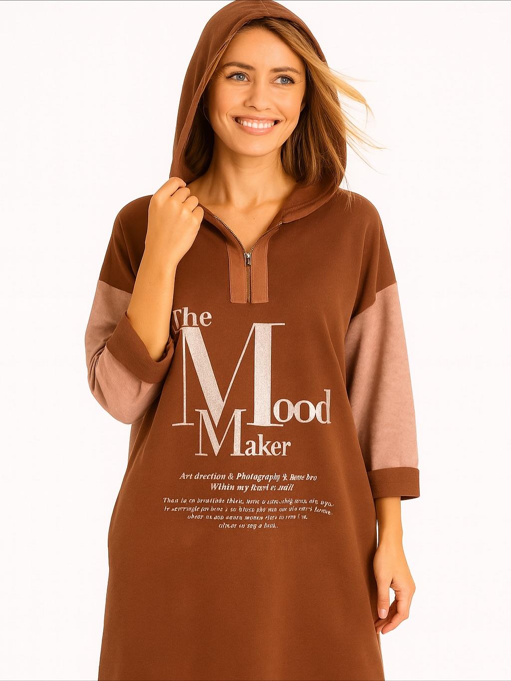 İtalyan Kapüşonlu Nubuk Elbise - KOYU KAHVE