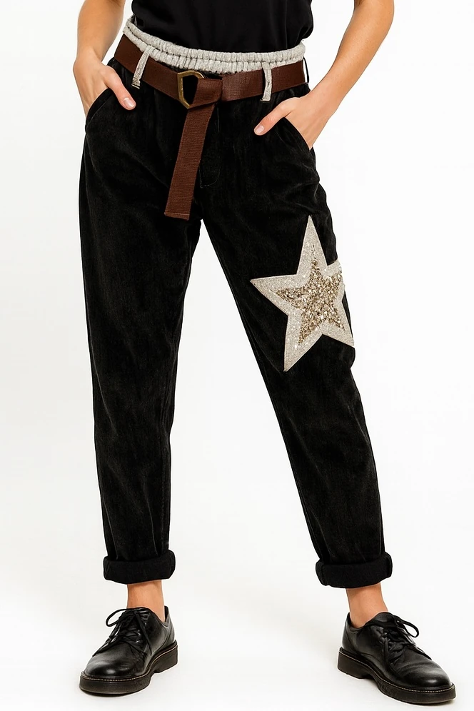 İtalyan Yıldız Detaylı Kadife Pantolon - SİYAH