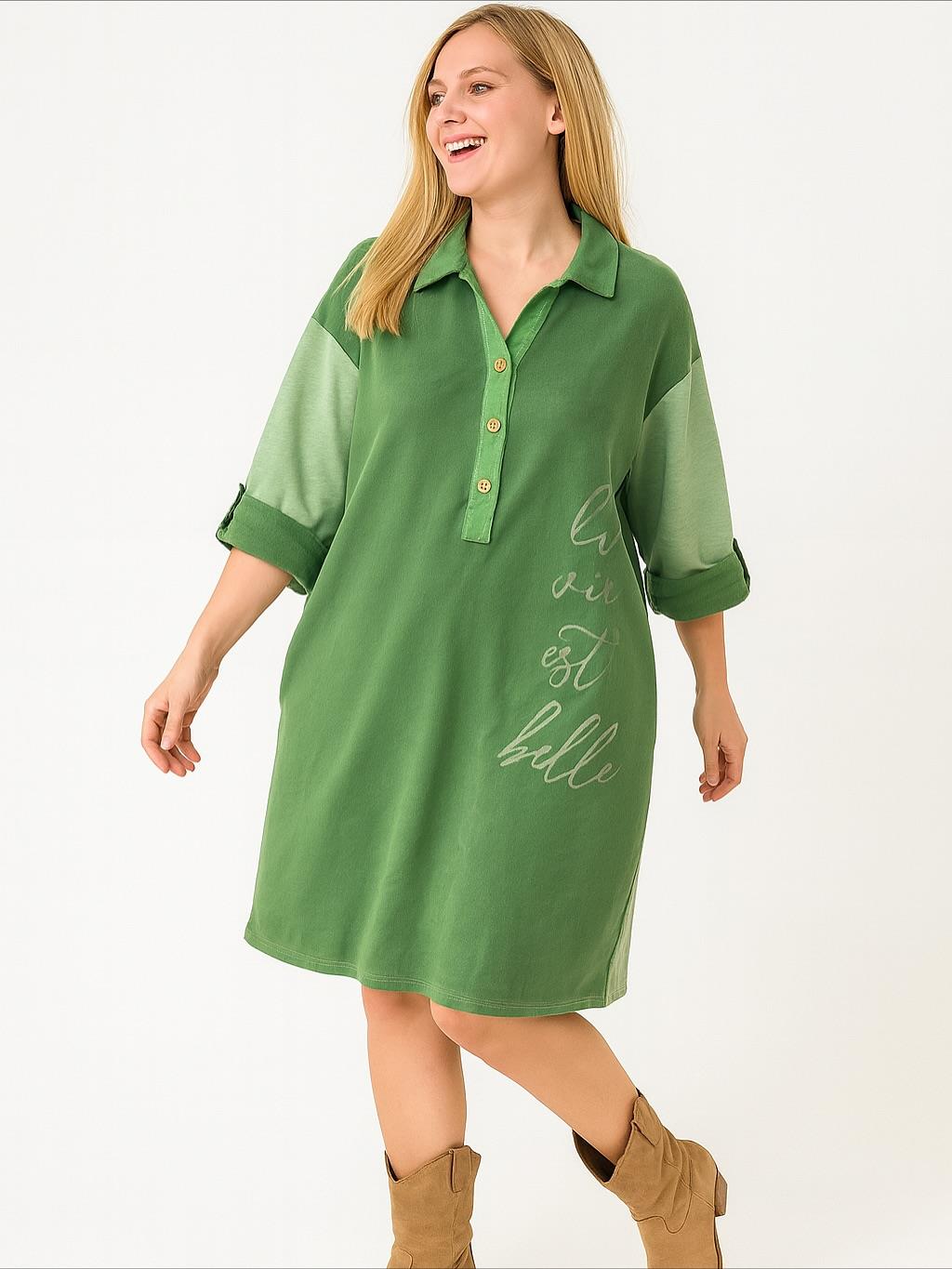 İtalyan Yazı Detaylı Nubuk Elbise - YEŞİL