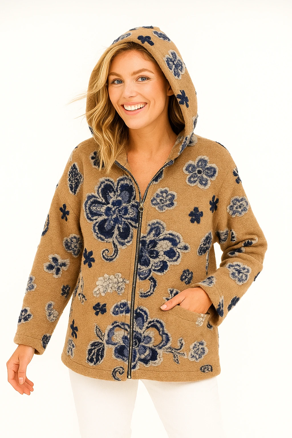 İtalyan Çiçek Tasarımlı Kapüşonlu Keçe Kaban - BAL