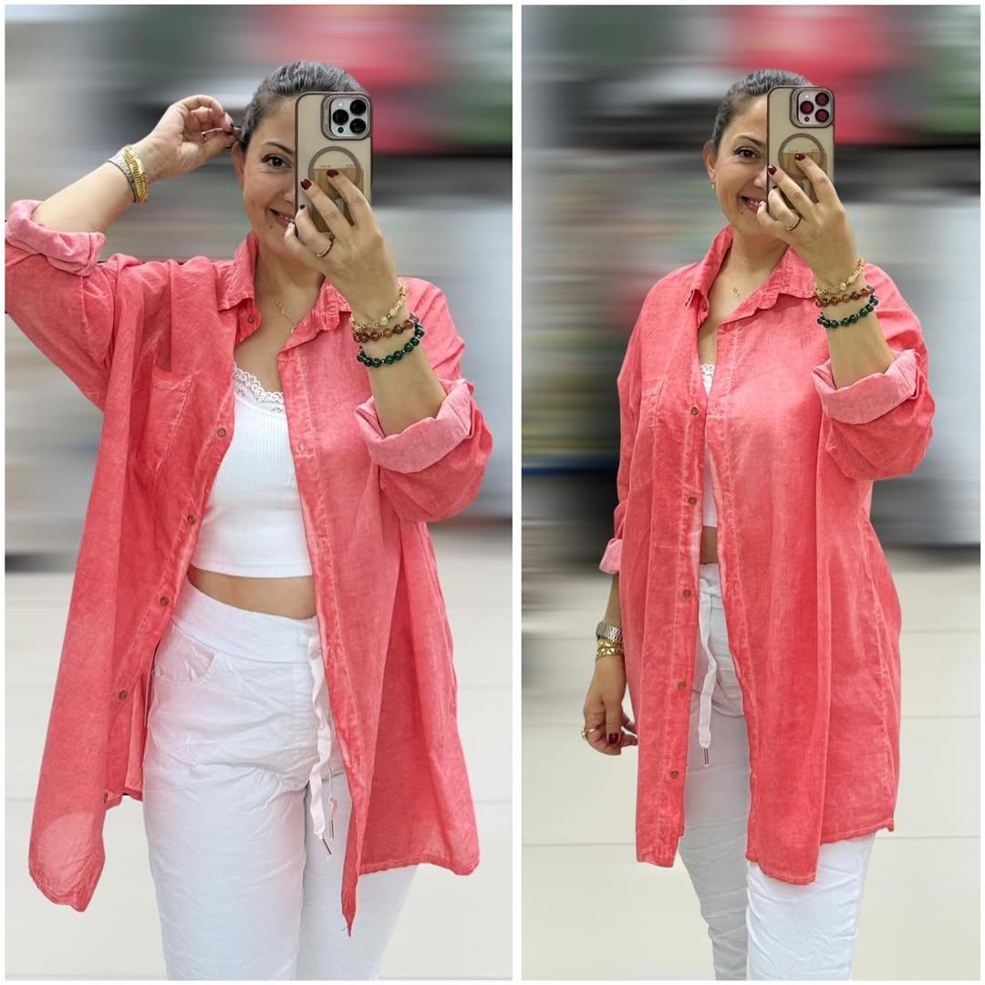 İtalyan Taşlanmış Pamuklu Coton Gömlek - MERCAN