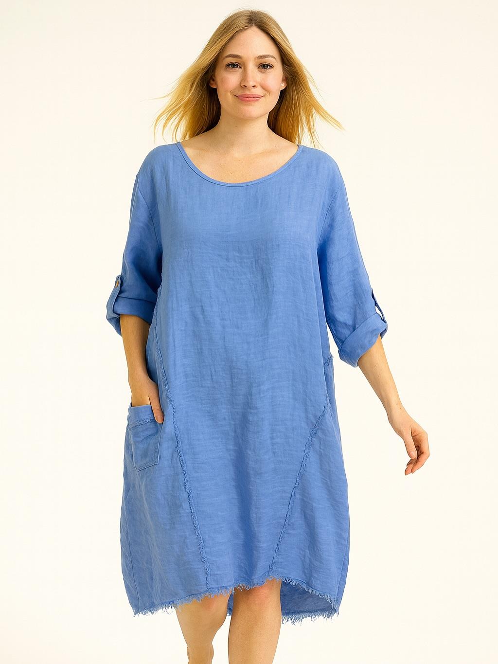 İtalyan Keten Dikiş Detaylı Elbise - MAVİ