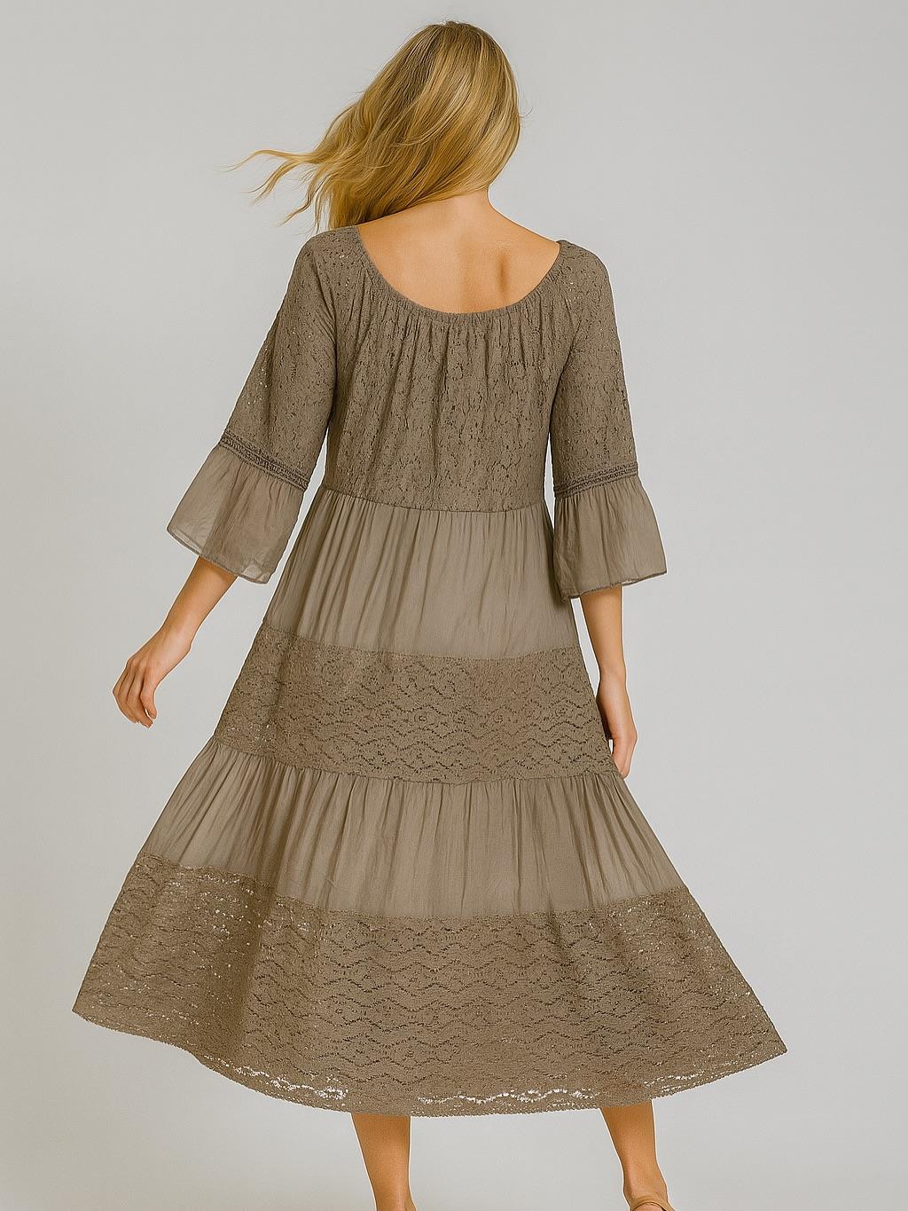 İtalyan İpek Detaylı Dantel Elbise - VİZON