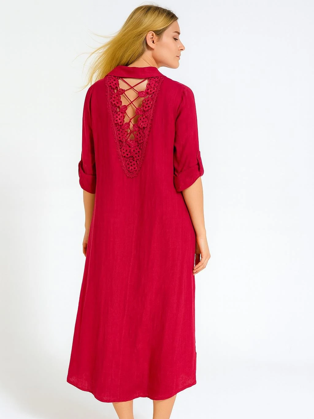 İtalyan Keten Sırtı Dantelli Elbise - BORDO