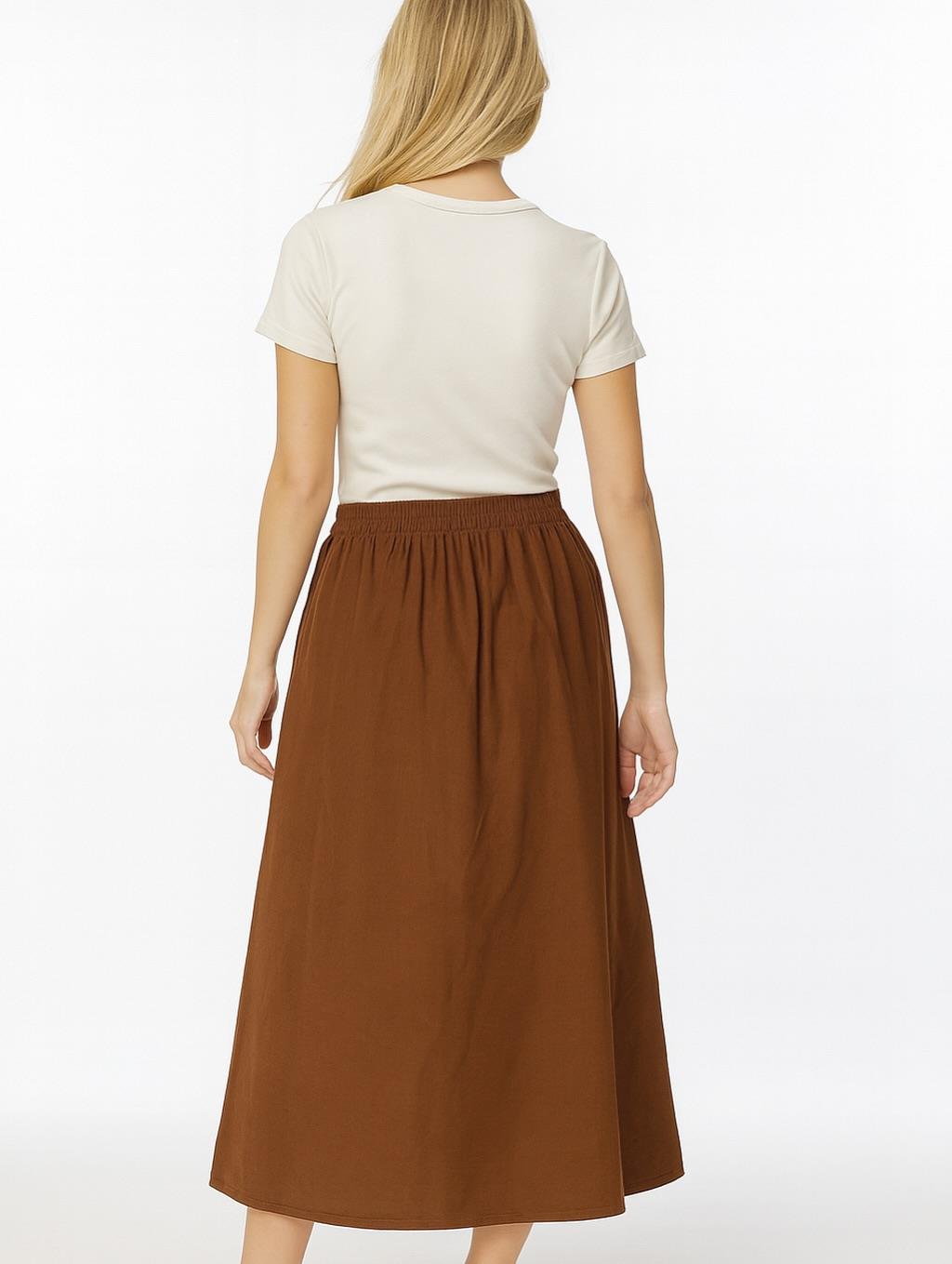 İtalyan Kadife Düğme Detaylı Etek - KAHVERENGİ