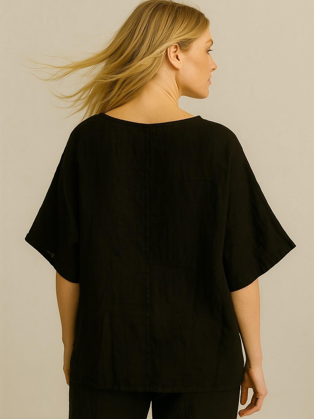 İtalyan Keten Desenli Bluz - SİYAH