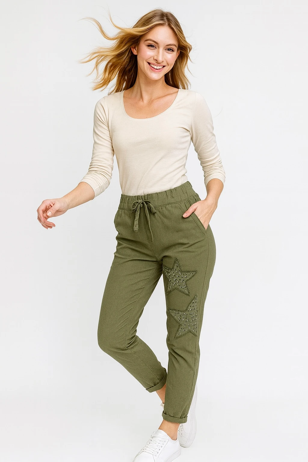 İtalyan Yıldız Detaylı Likralı Pantolon - HAKİ