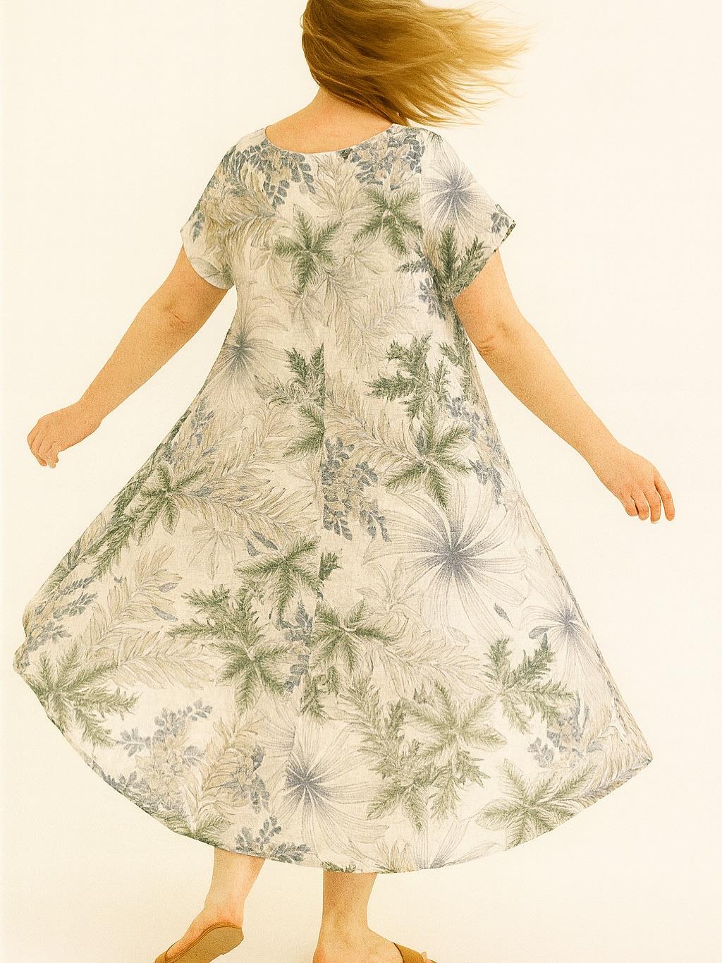 İtalyan Keten Yaprak Desen Elbise - BEYAZ