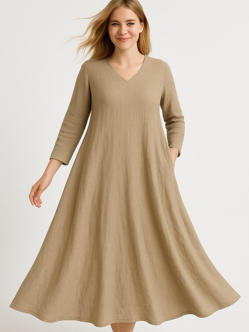 İtalyan Keten V Yaka Elbise - BEJ