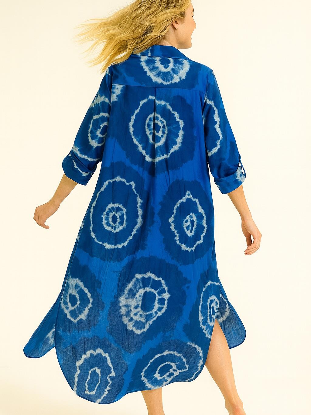 İtalyan Pamuk Dalga Desen Elbise - SAKS MAVİSİ