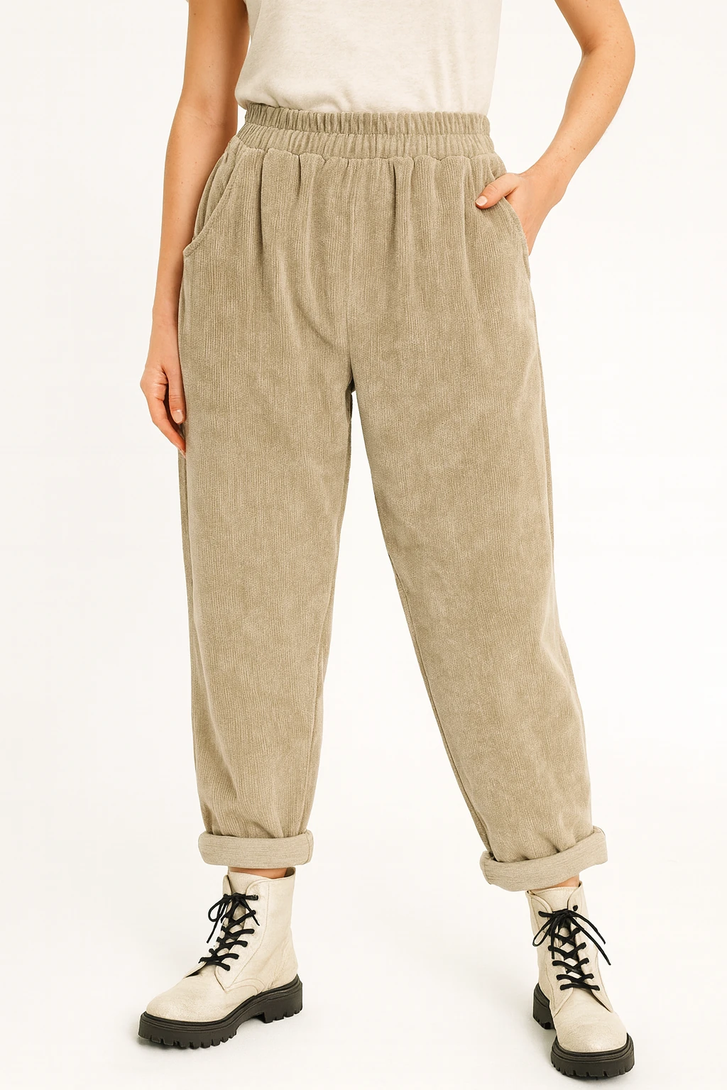 İtalyan Cep Detaylı Fitilli Kadife Pantolon - BEJ