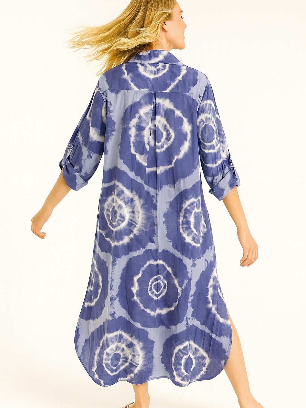 İtalyan Pamuk Dalga Desen Elbise - MAVİ