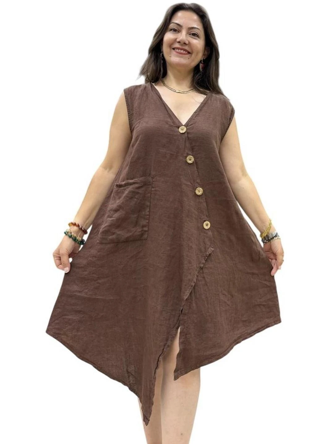İtalyan Keten Tasarım Elbise - KAHVERENGİ