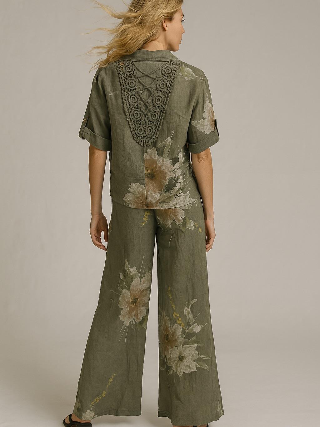 İtalyan Sırt Dantel Detaylı Keten Takım - HAKİ