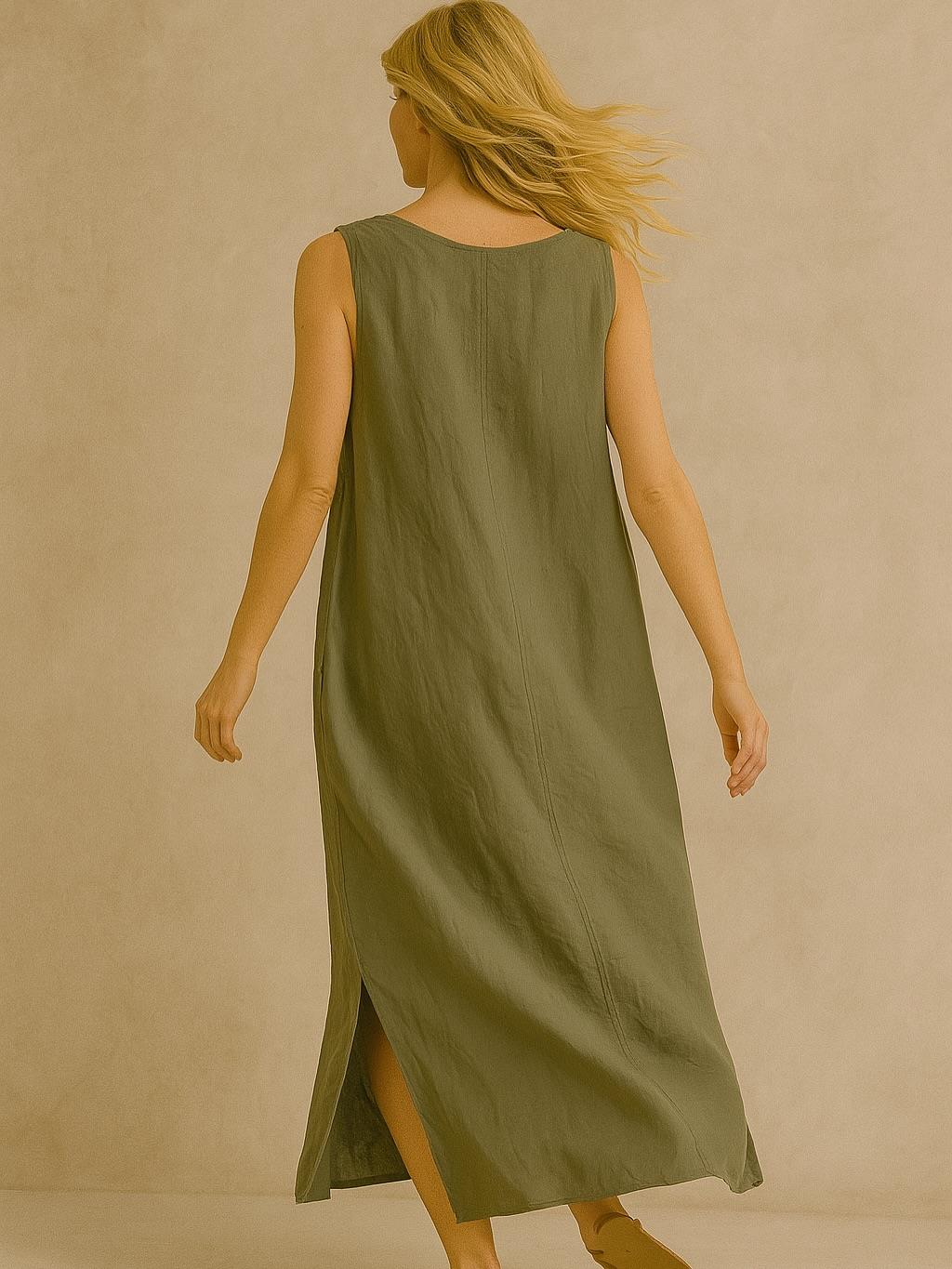 İtalyan Keten Elbise - HAKİ