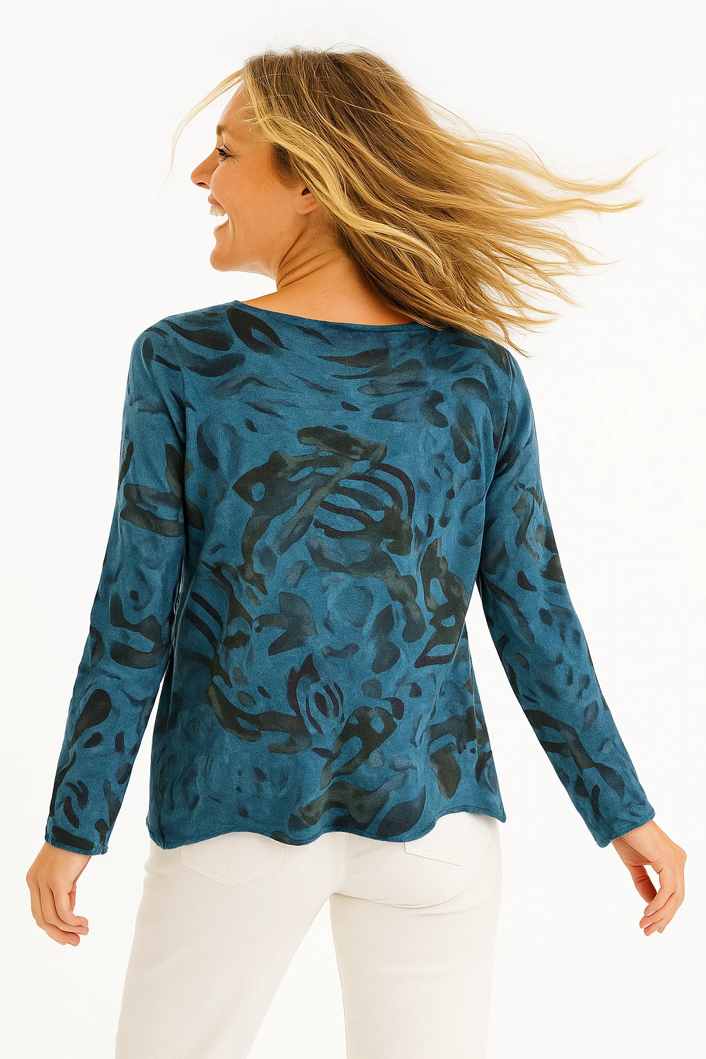 İtalyan Desenli Triko Bluz - TURKUAZ