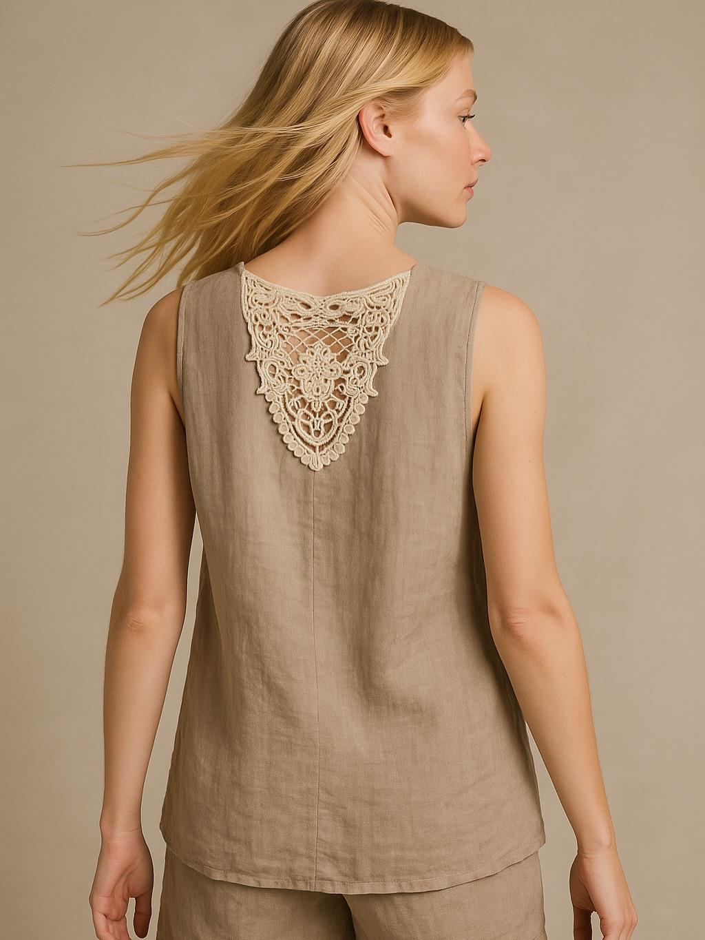 İtalyan Sırt Dantel Detaylı Keten Bluz - BEJ